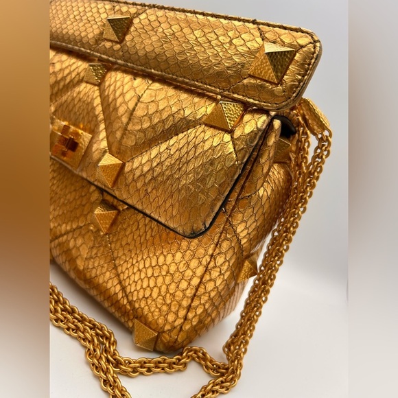 Valentino Roman Stud metallic gold python leather Bag Large Full Set - Picture 5 of 16